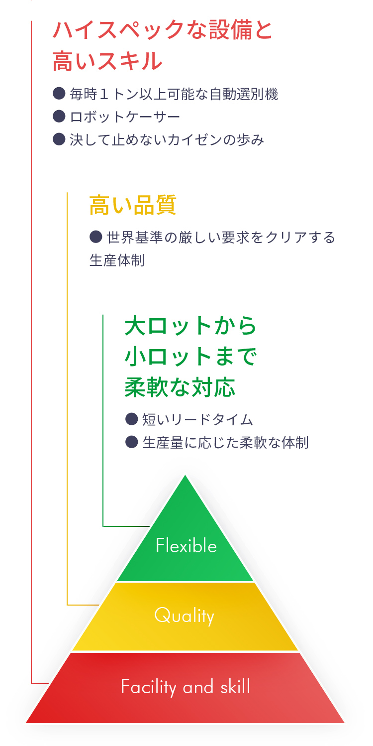 大ロットから小ロットまで柔軟な対応、高い品質、ハイスペックな設備と高いスキル
